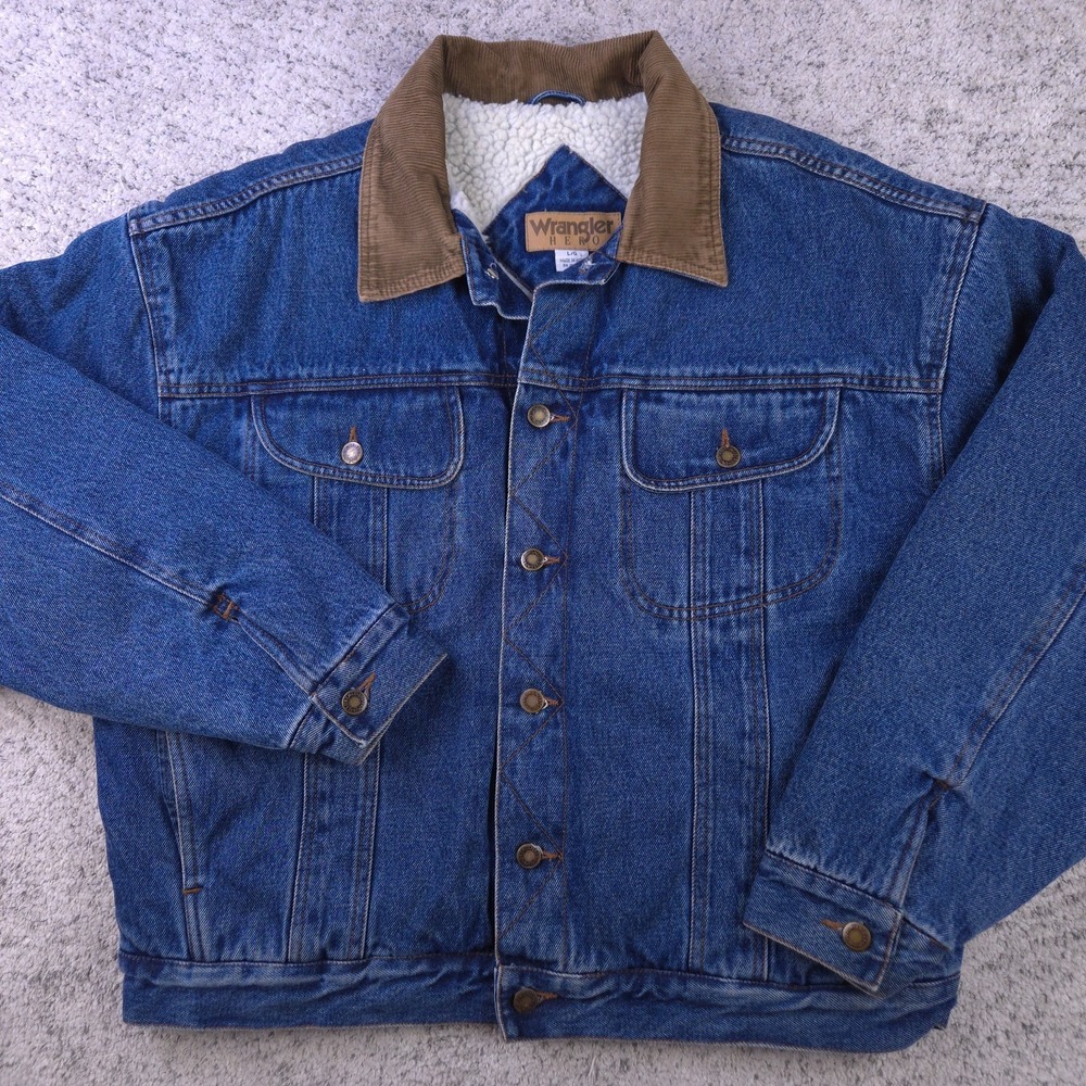VTG Wrangler Denim Jacket Mens Large Hero Jean Trucker Sherpa Lined Blue Chore‎